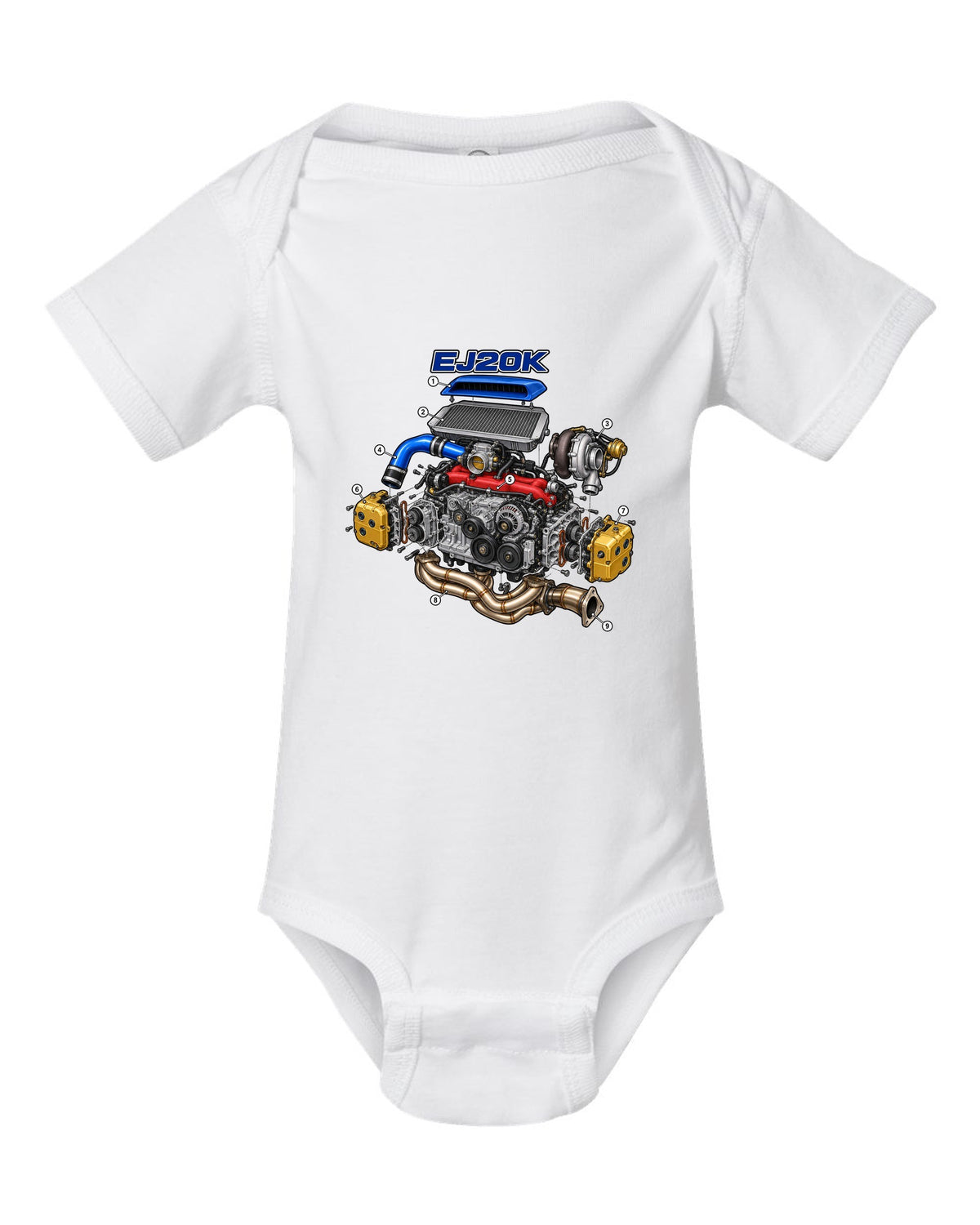 Subaru Impreza WRX GC8 EJ20K boxer engine in an exploded cutaway diagram white baby onesie front view with the design