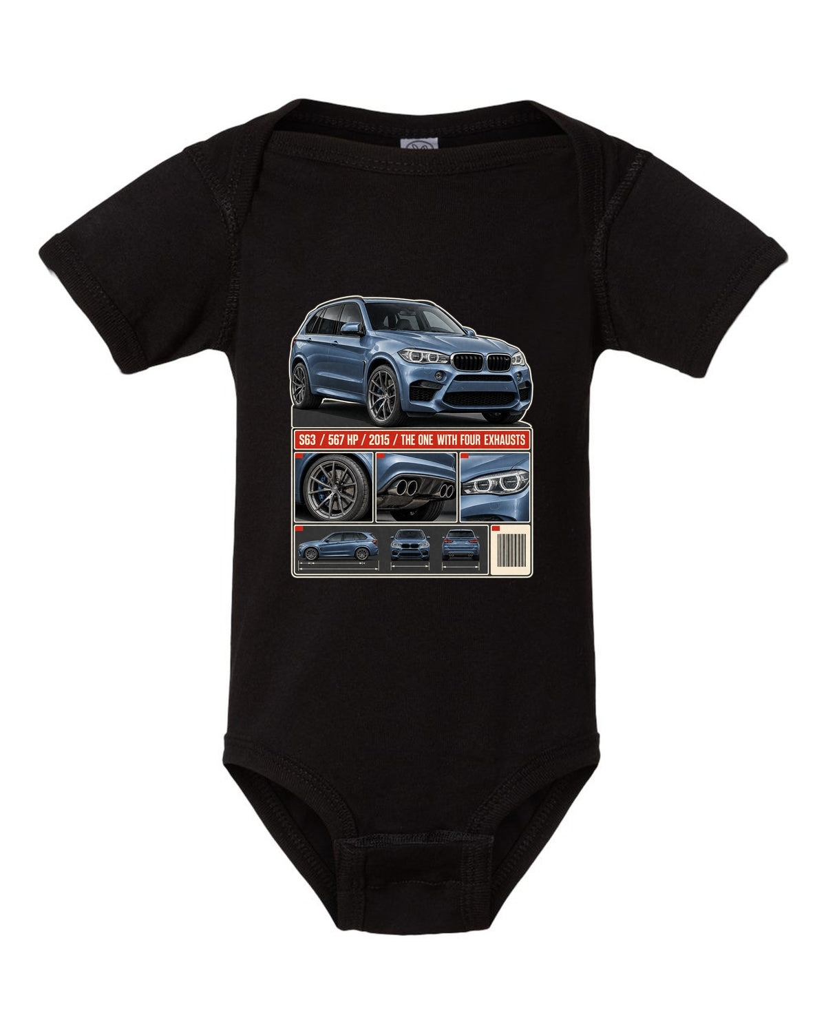 BMW X5 M F85 dossier panels print on a tee black baby onesie front view with the design