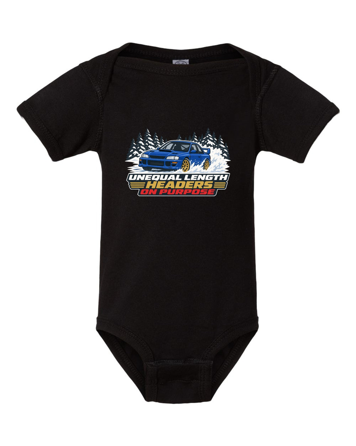 Flat vector print of a Subaru Impreza WRX STI GC8 with unequal length headers on purpose lettering black baby onesie front view with the design
