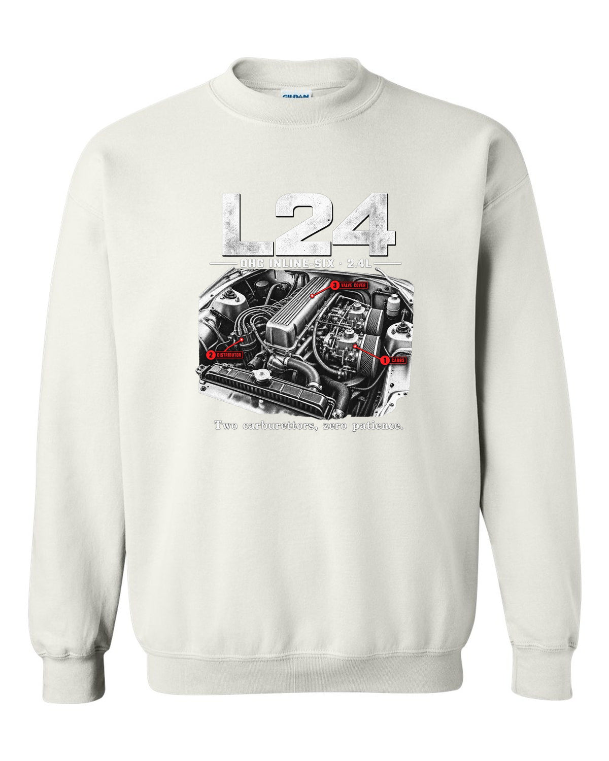 Engine bay print of a Datsun 240Z S30 L24 inline-six with carburettors white crewneck front view with the design