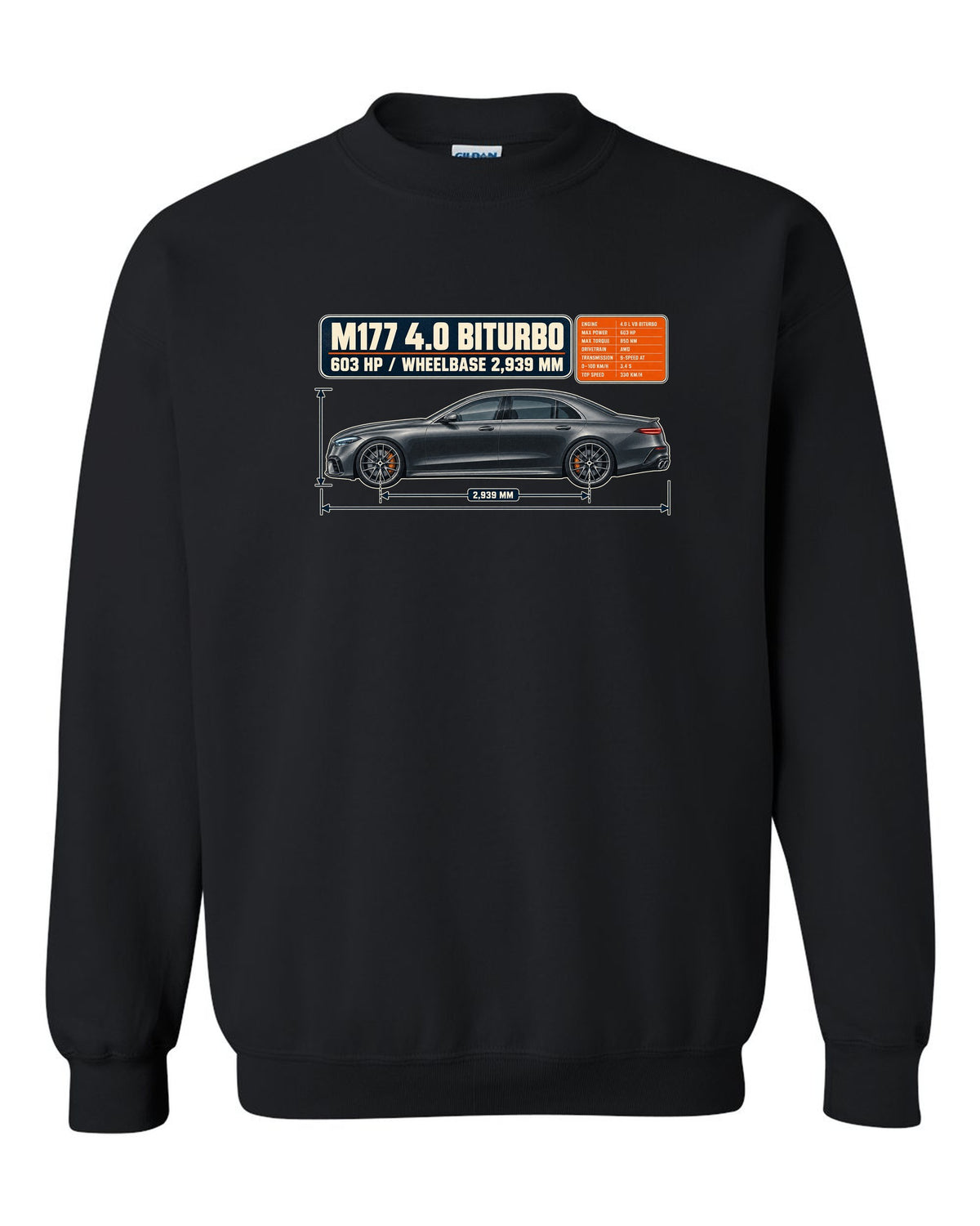 Dimension blueprint print of a graphite grey Mercedes-AMG E63 S W213 sedan black crewneck front view with the design