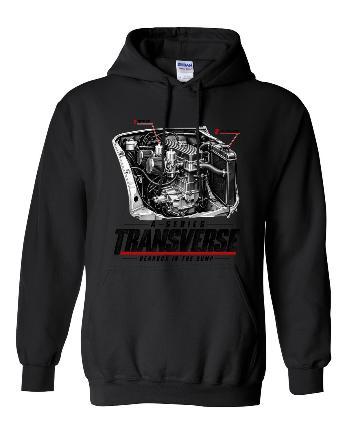 print of a Classic Mini Cooper S 1275 engine bay with the transverse A-series engine black pull over hoodie front view with the design