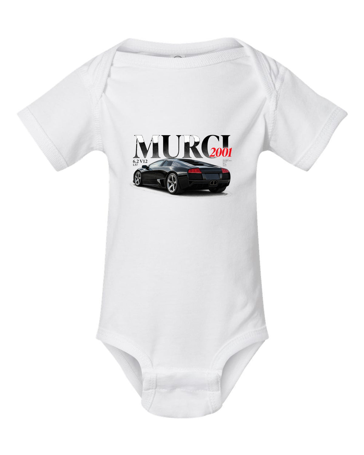 Editorial style print of a Lamborghini Murcielago L537 with 6.2 V12 and 2001 text white baby onesie front view with the design