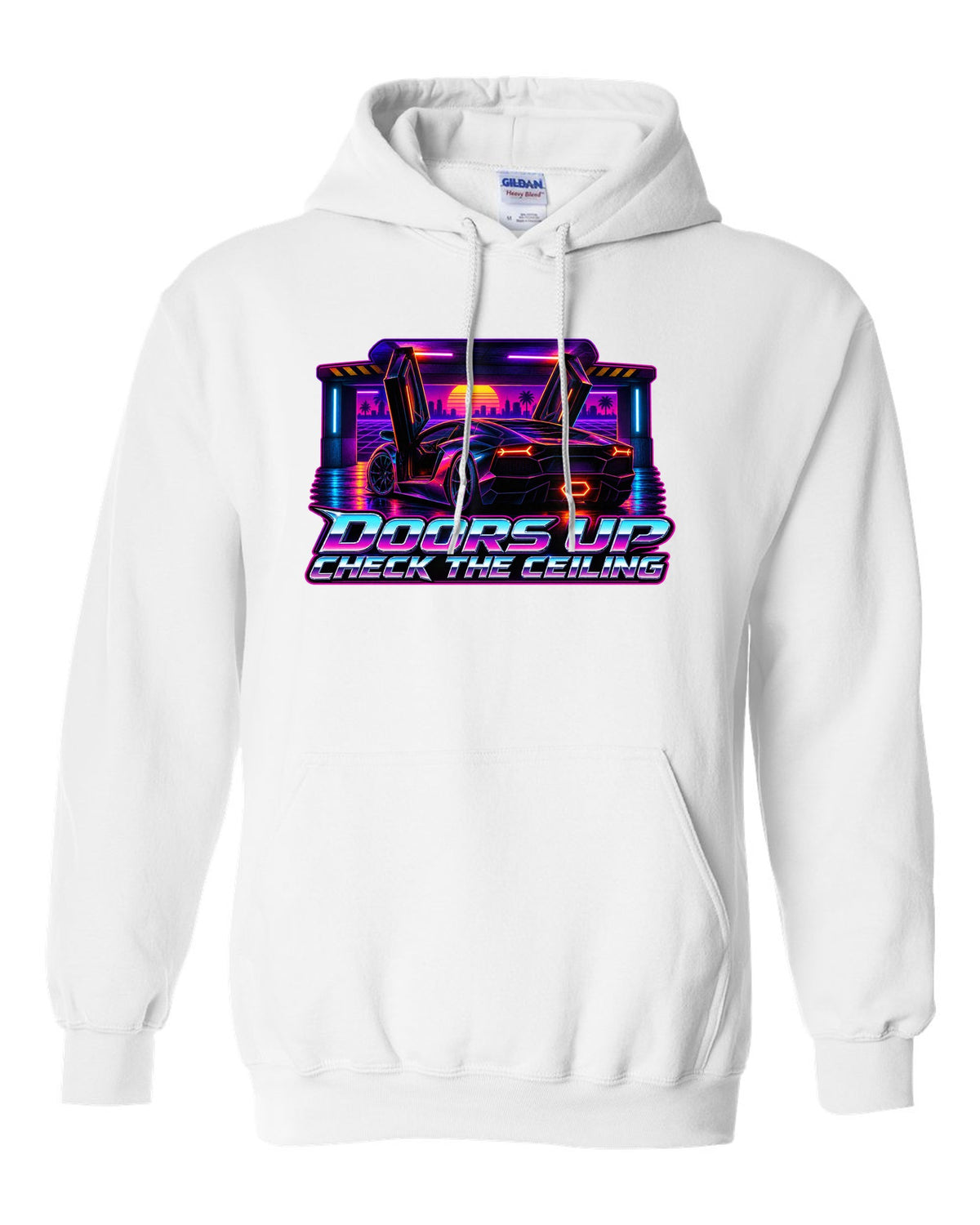 Synthwave outrun design of a Lamborghini Aventador LP700-4 with doors up and check the ceiling text white pull over hoodie front view with the design