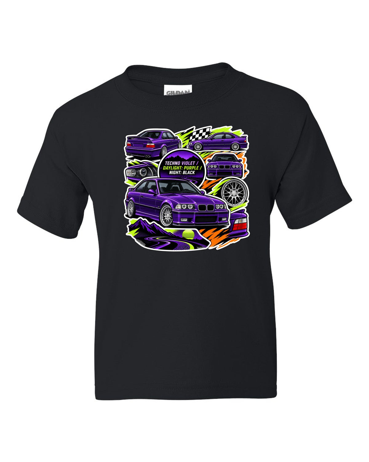 Sticker bomb collage print of a Techno Violet BMW E36 M3 with daylight purple night black text black kids tee front view with the design