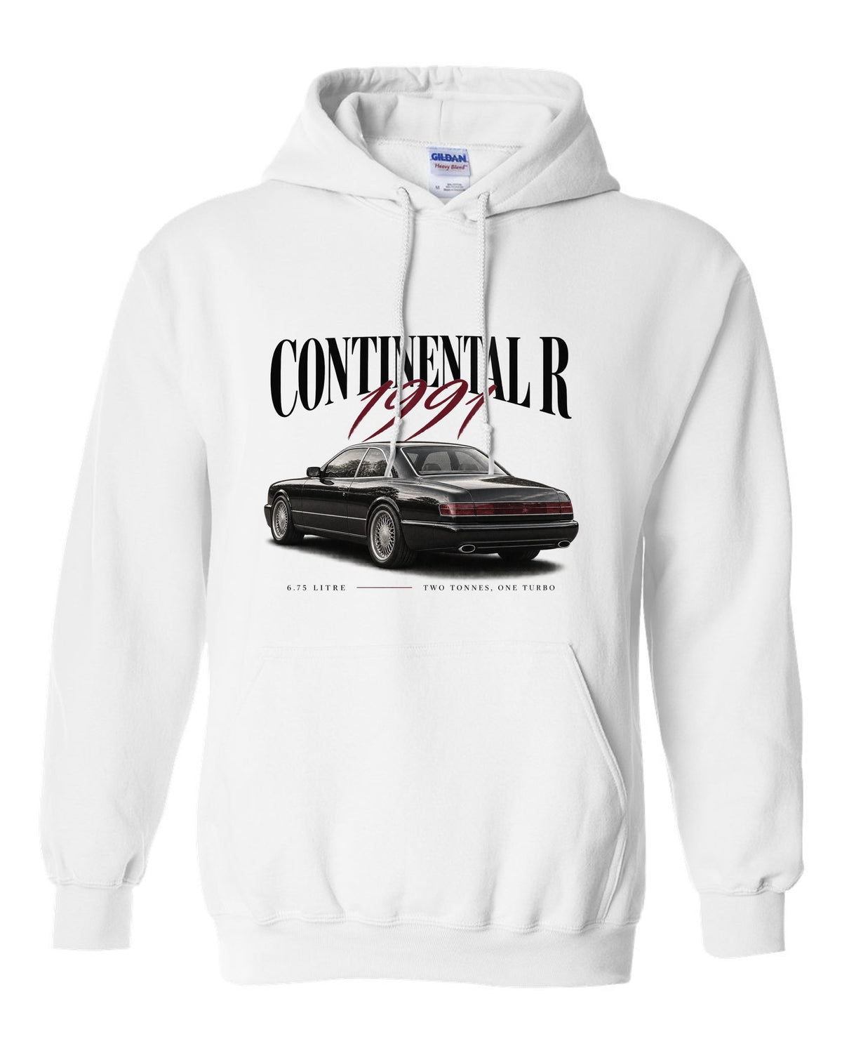 Bentley Continental R editorial headline print white pull over hoodie front view with the design