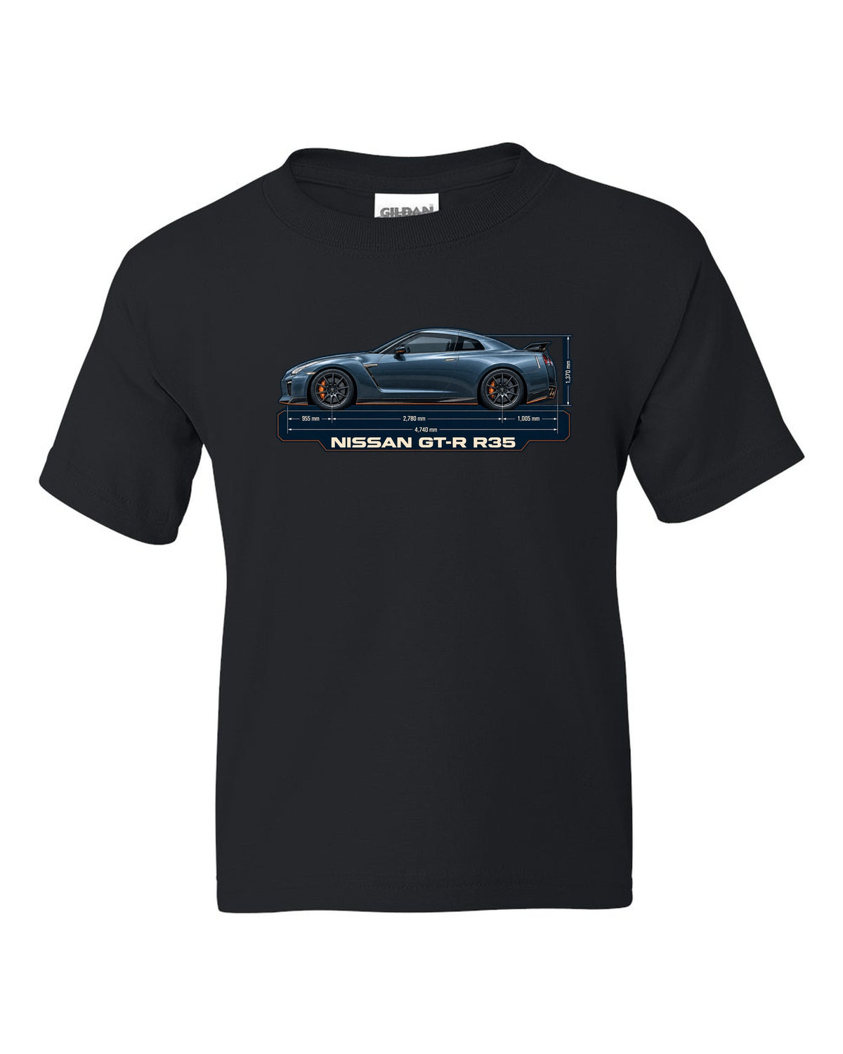 Nissan Z RZ34 Performance dimension blueprint in graphite blue black kids tee front view with the design