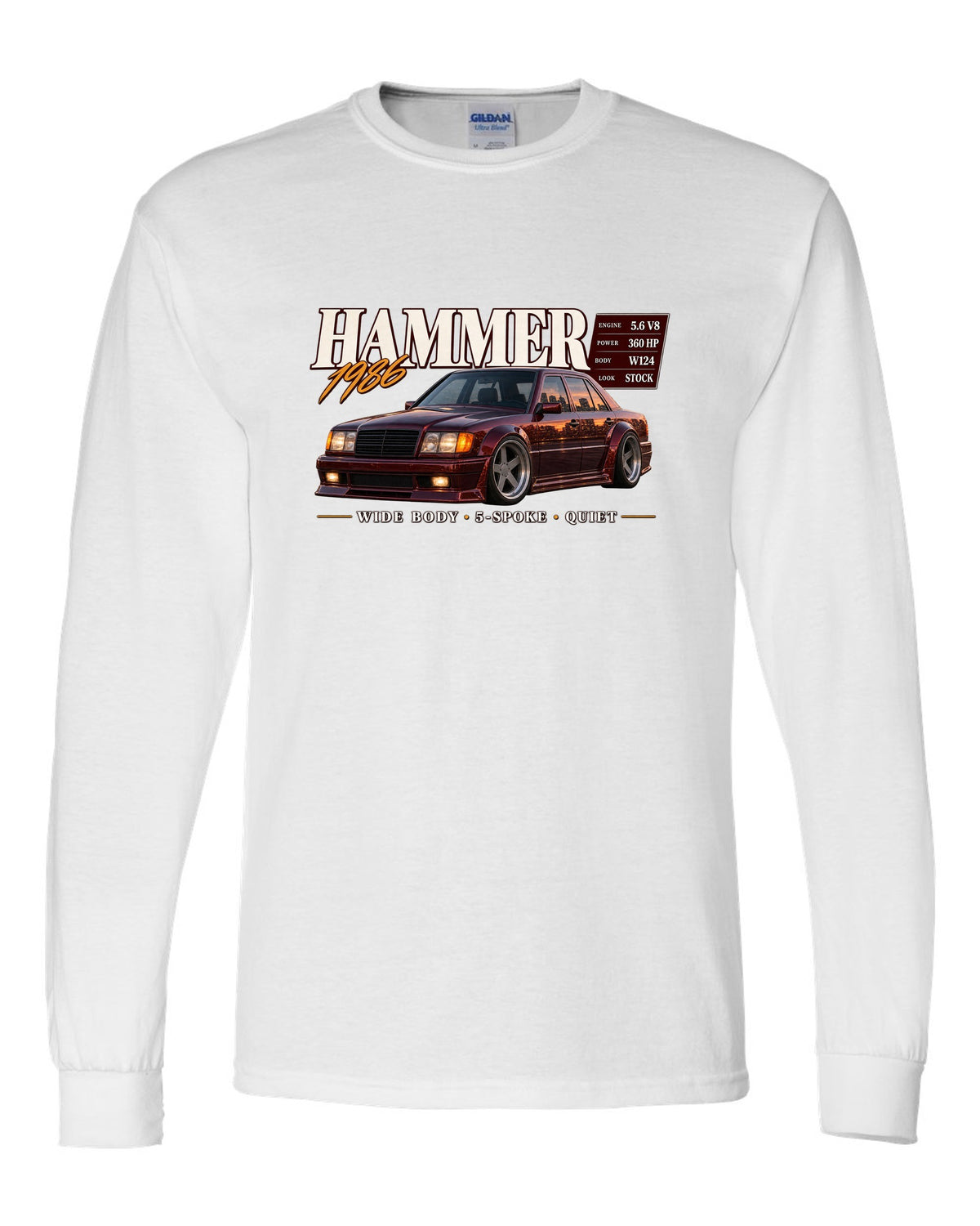 print archive panel of a Mercedes W124 300E 5.6 Hammer with text 5.6 V8 sleeper wide body white long sleeve front view with the design
