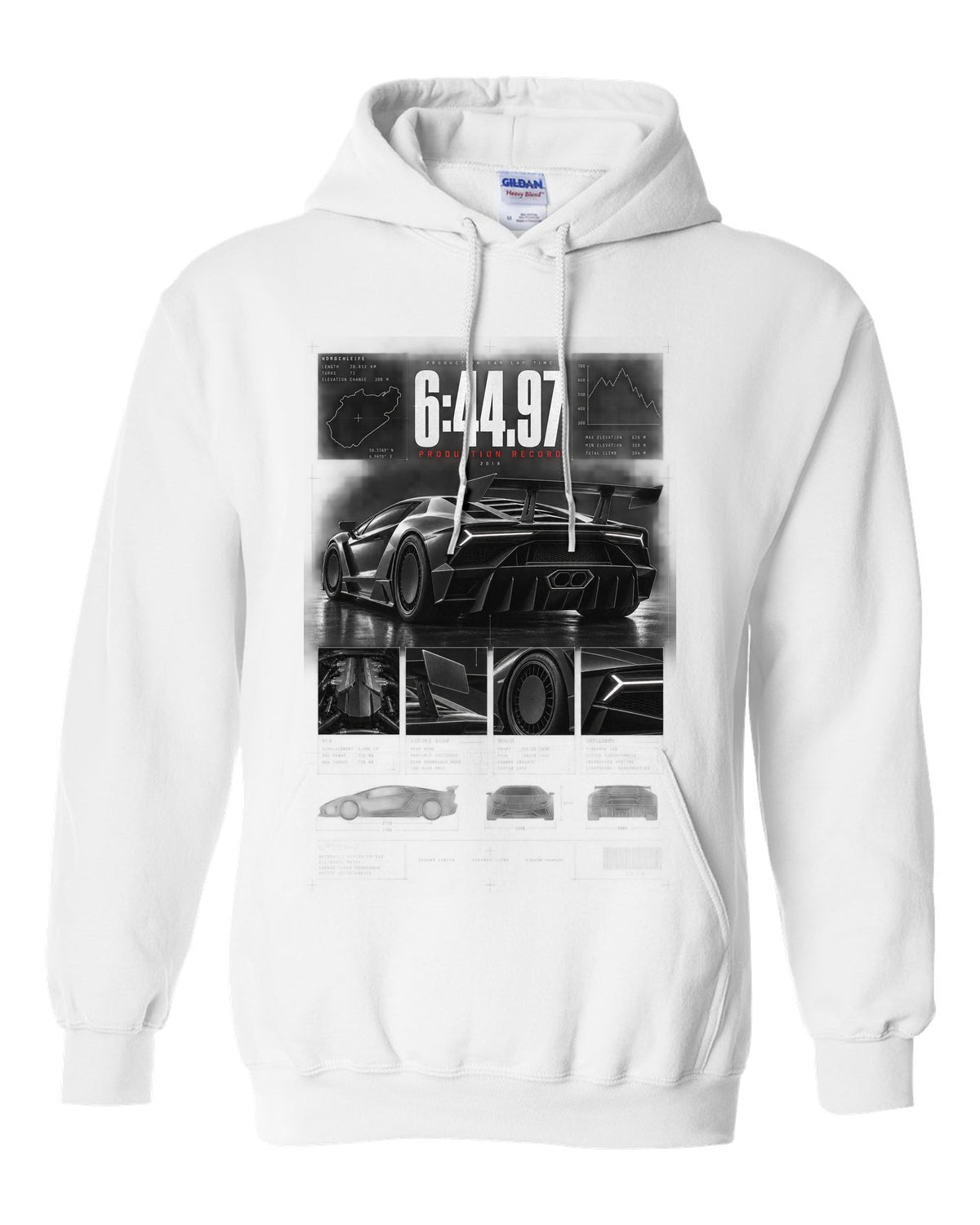 Dossier panel print of a Lamborghini Aventador SVJ LP770-4 with 6:44.97 production record text white pull over hoodie front view with the design