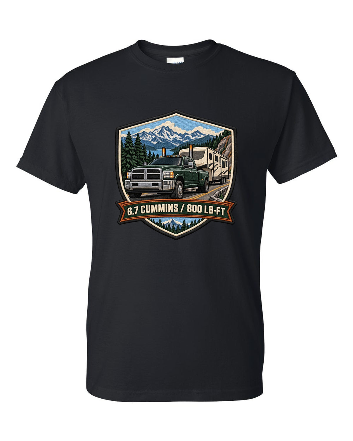 Varsity crest of a 2010-2018 Ram 2500 4th gen towing a camper with 6.7 Cummins 800 LB-FT lettering black t-shirt front view with the design