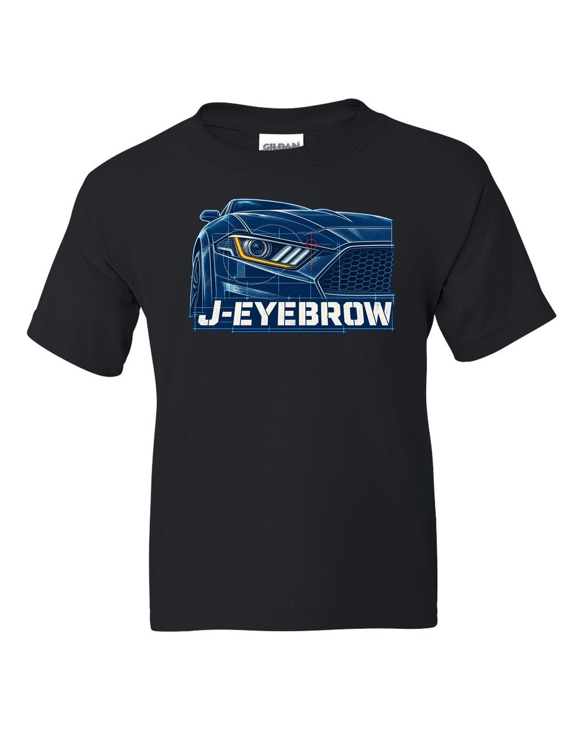 Cyanotype blueprint of a 2015-2023 S550 Ford Mustang fastback with J-Eyebrow label black kids tee front view with the design