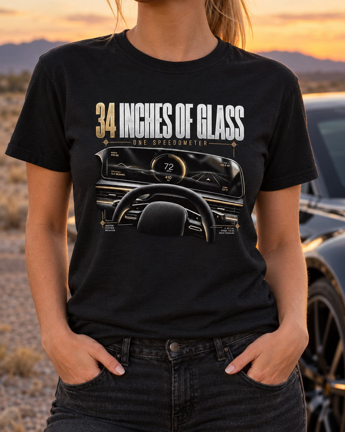 Lucid Air 2022 Glass Cockpit Readout Tee, 34 Inches of Glass T-Shirt Black worn hero