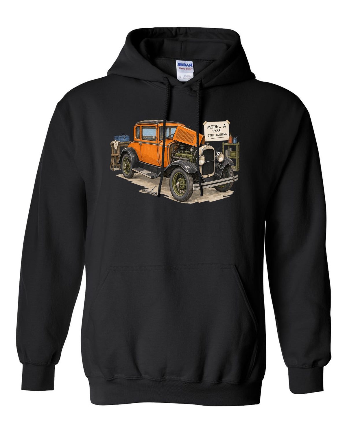 Ink and marker sketch of a 1928 Ford Model A coupe with still running lettering black pull over hoodie front view with the design