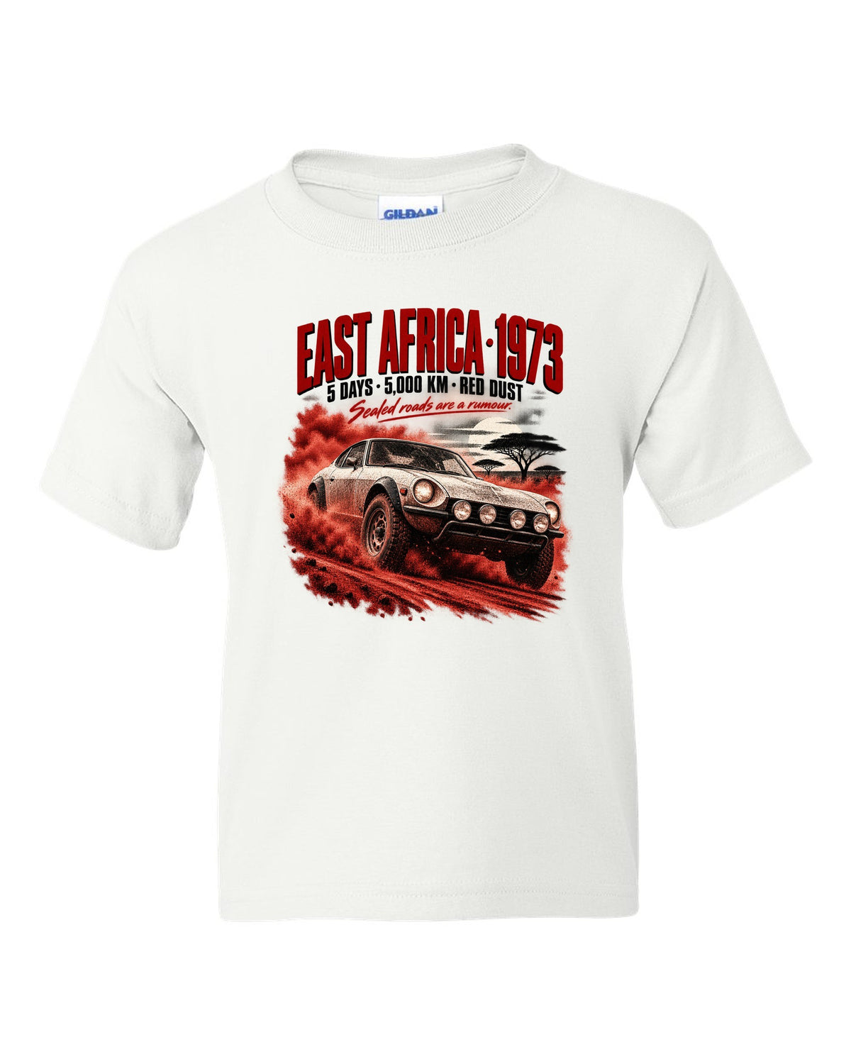 Rally poster print of a 1973 Datsun 240Z S30 rally car for East Africa white kids tee front view with the design