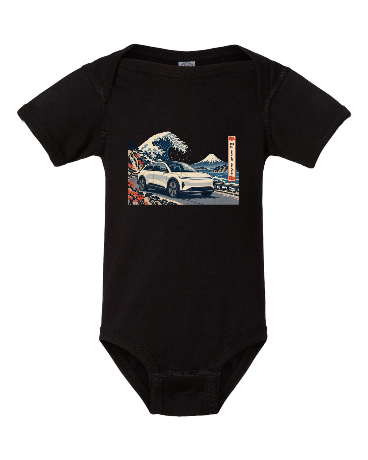 Lucid Gravity ukiyo-e woodblock ridge line print with the text 450 mi seven seats black baby onesie front view with the design