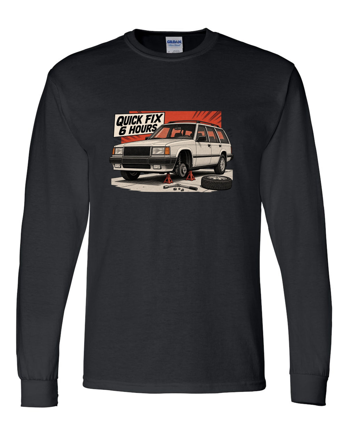 Retro manga halftone panel of a Jeep Cherokee XJ on jack stands with Quick Fix 6 Hours text black long sleeve front view with the design