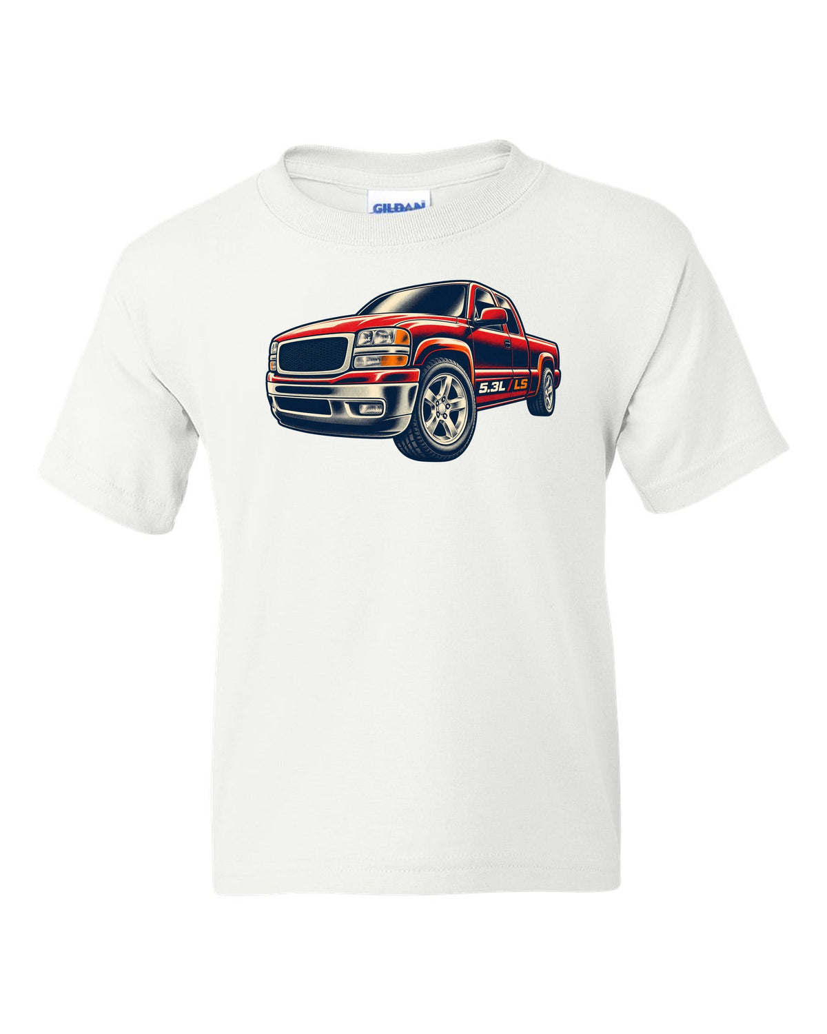 Retro screen-print wheel close-up print for a 1999-2006 Chevrolet Silverado GMT800 with 5.3L LS text white kids tee front view with the design