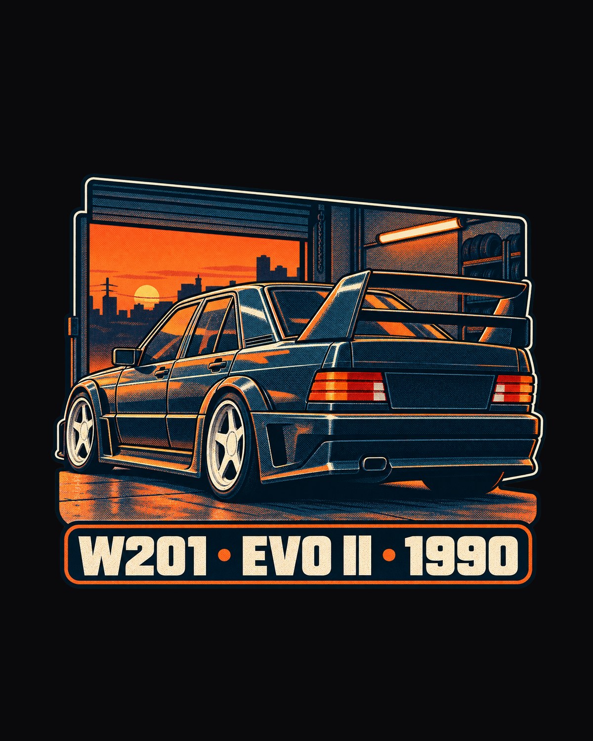 Mercedes-Benz 190E 2.5-16 Evo II W201 Garage Dusk Risograph Tee design only