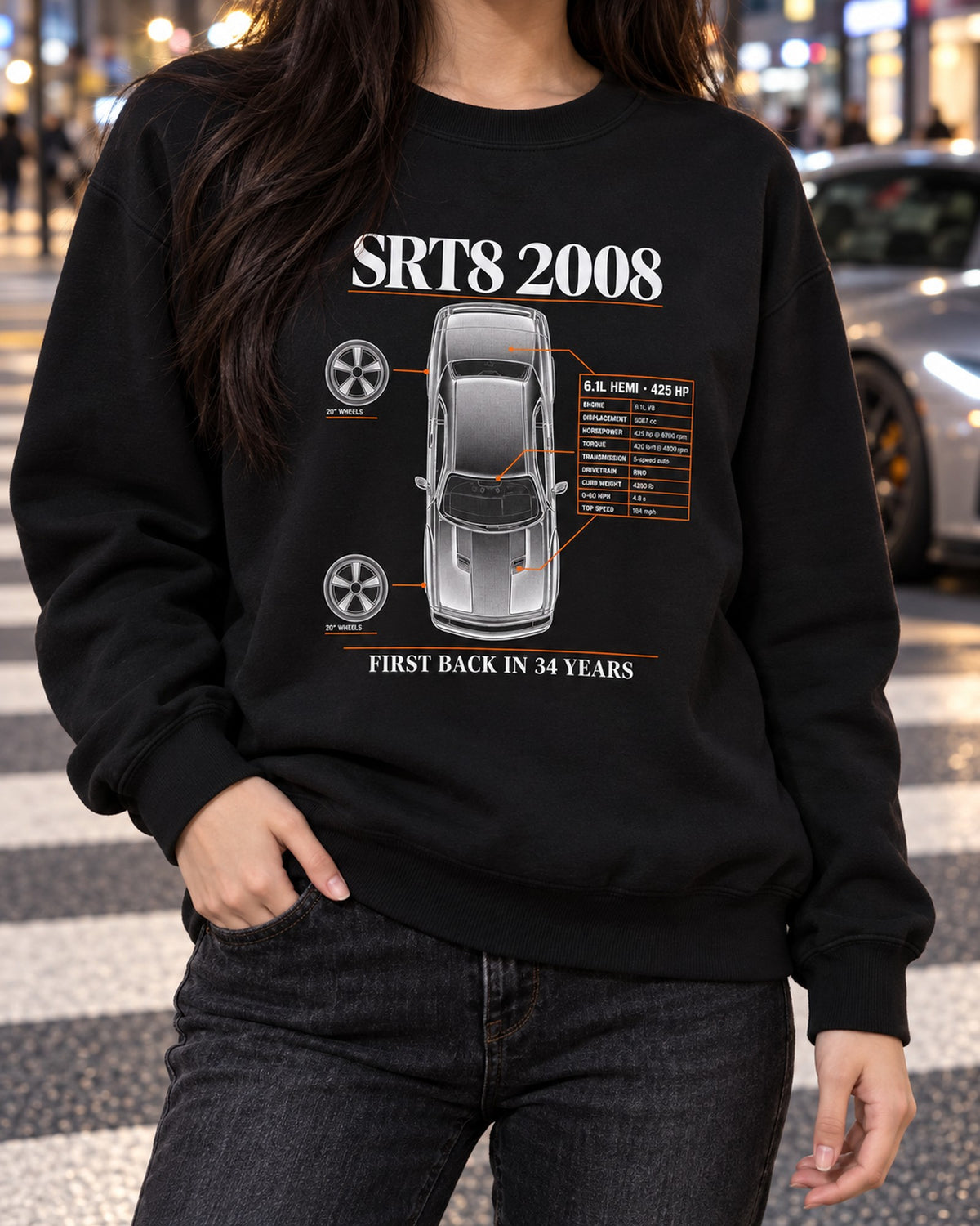 2008 Challenger SRT8 6.1 Hemi Spec Poster Tee, 425 HP Crewneck Black worn hero