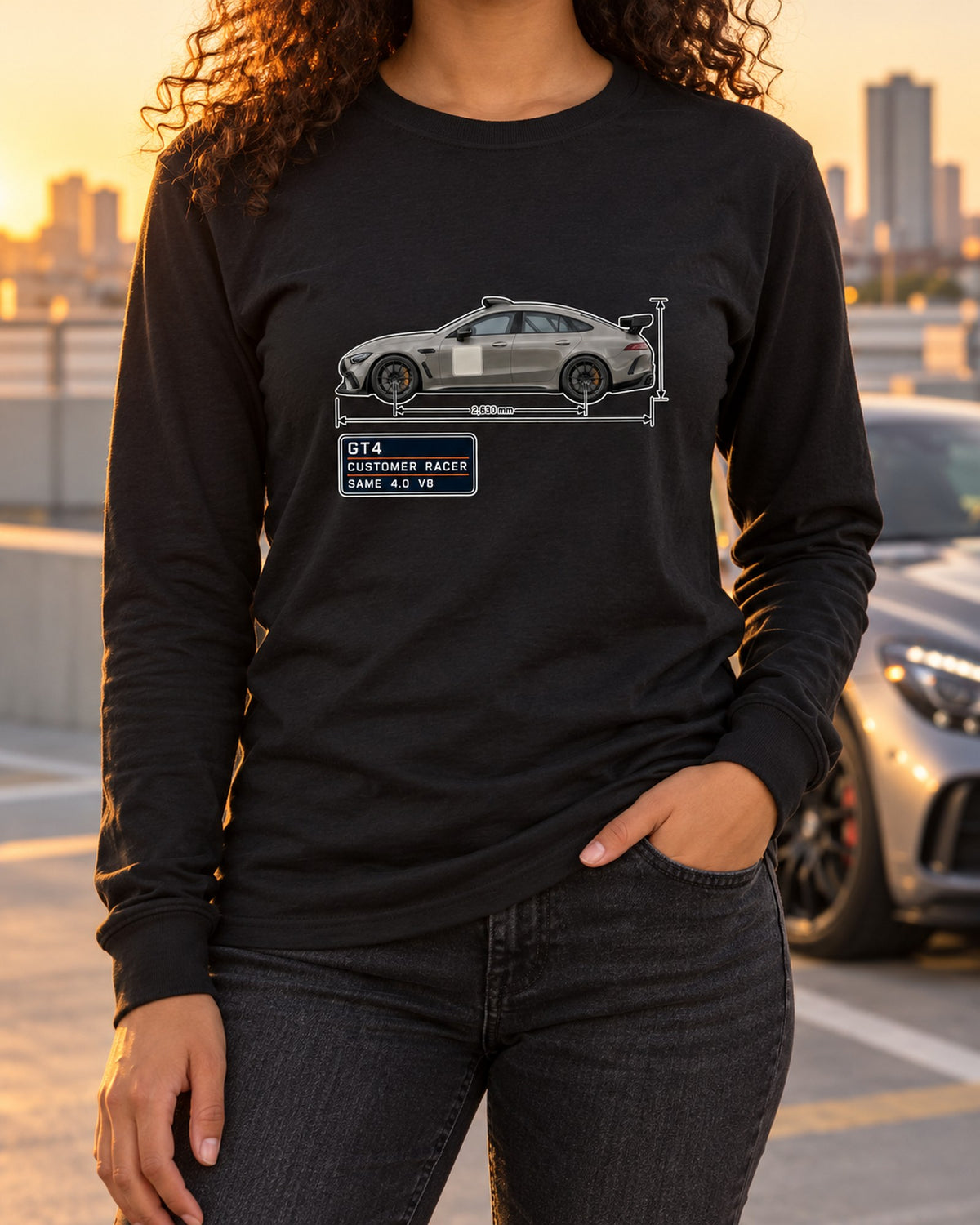 Mercedes-AMG GT4 Spec Poster Shirt, Customer Racer Car Tee Long Sleeve Black worn hero