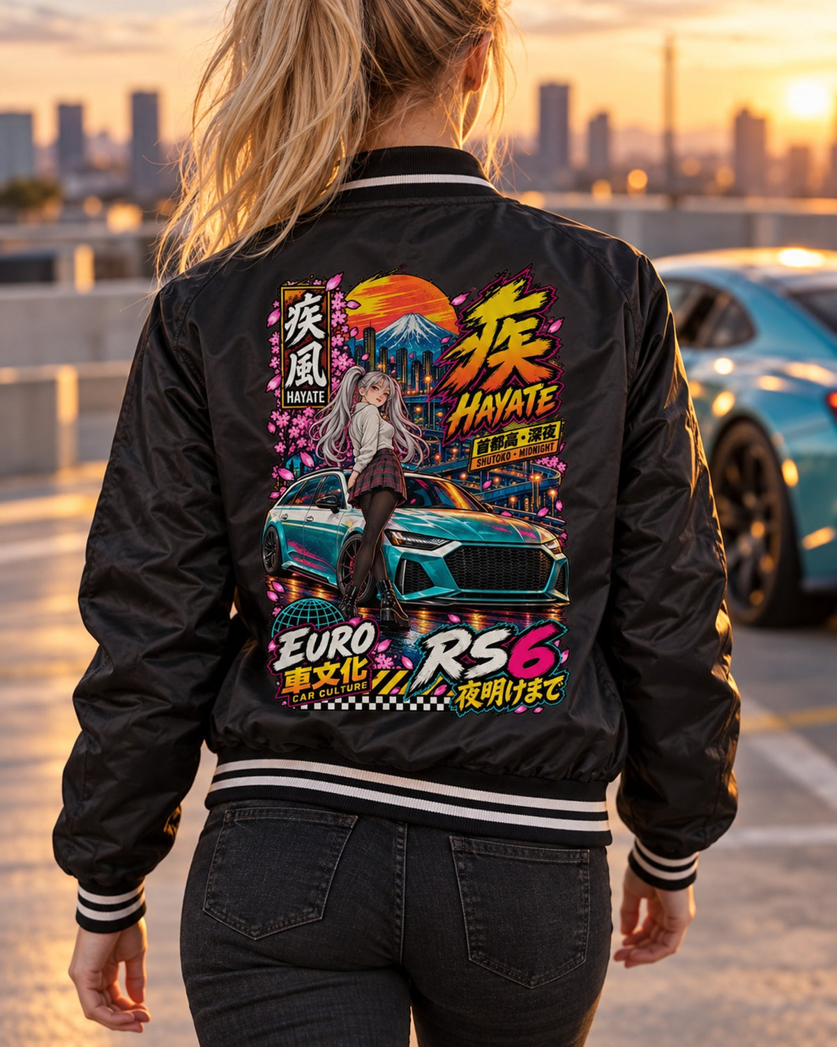 HAYATE RS6 Anime Girl Full-Back Graphic Tee Bomber Jacket Black worn hero