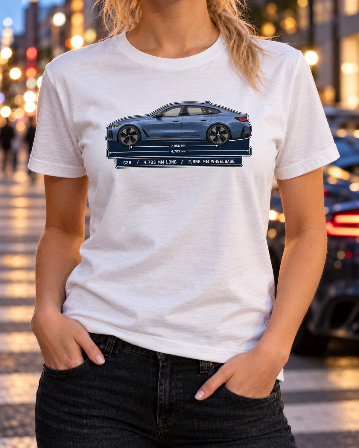 BMW i4 M50 G26 Gran Coupe Dimension Blueprint Shirt T-Shirt White worn hero