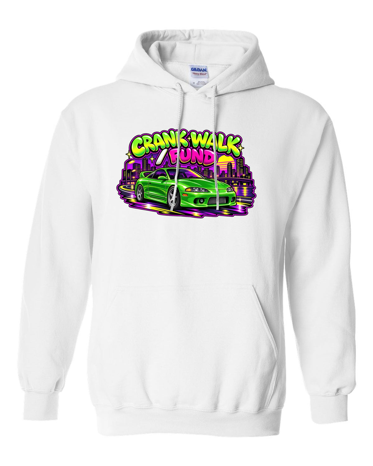 Retro 90s Saturday-morning cartoon style print of a green Mitsubishi Eclipse GSX 2G with crank walk fund text white pull over hoodie front view with the design