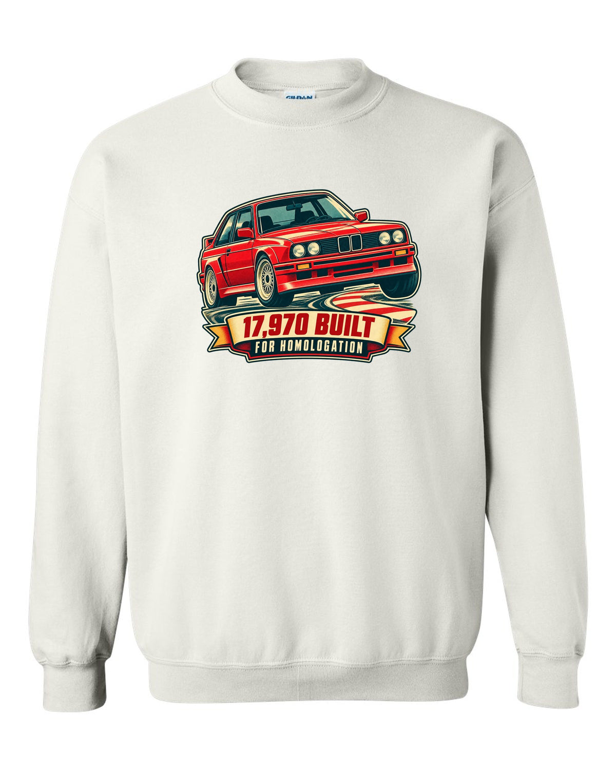 Vintage race poster print of a BMW E30 M3 at a hairpin with 17,970 built text white crewneck front view with the design