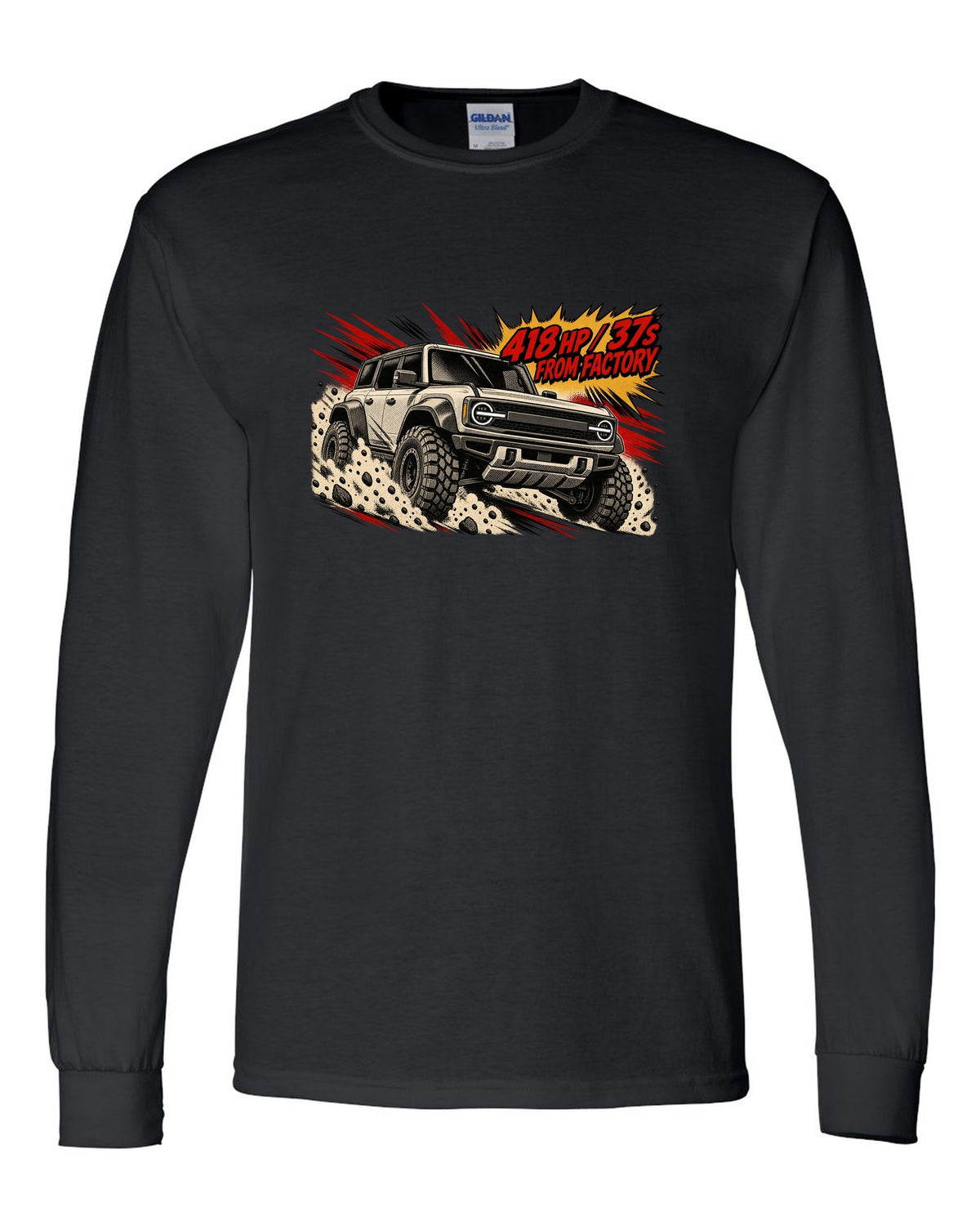 Retro manga halftone panel of a 2022 Ford Bronco Raptor jumping in the desert with 418 HP lettering black long sleeve front view with the design
