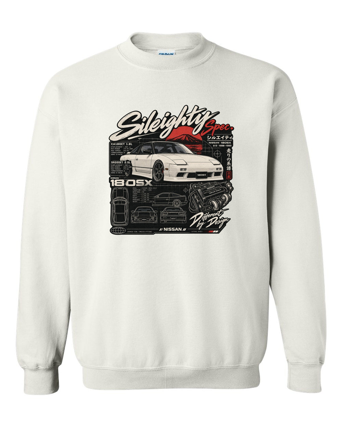 Spec-sheet data plate print for the Nissan 180SX S13 listing CA18DET and SR20DET engines white crewneck front view with the design