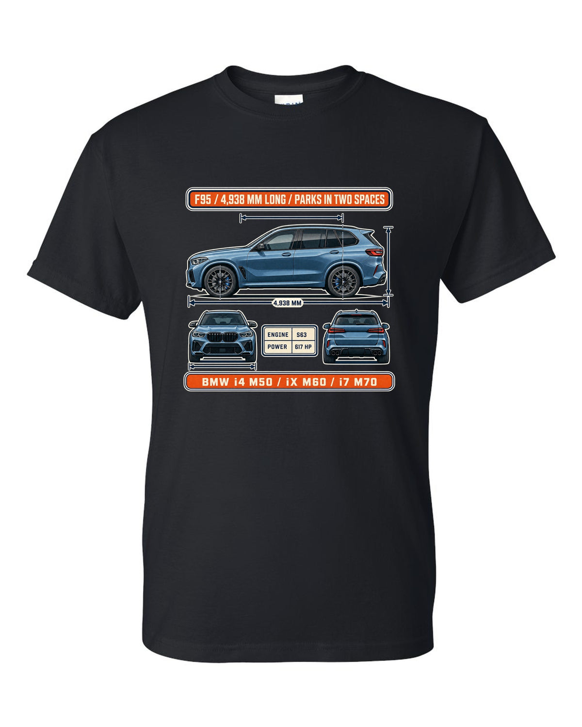 Dimension blueprint print of the BMW X5 M Competition F95 with 4,938 mm length black t-shirt front view with the design