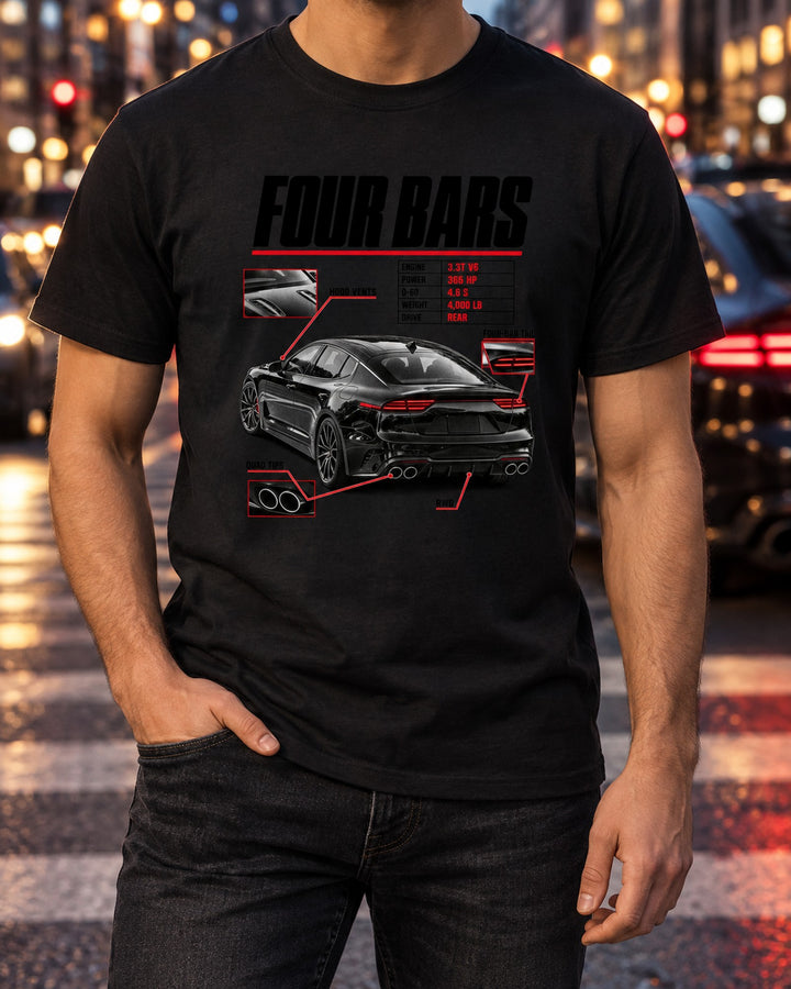 Kia Stinger GT CK Spec Poster Hoodie and Tee, Four-Bar Tail T-Shirt Black worn hero