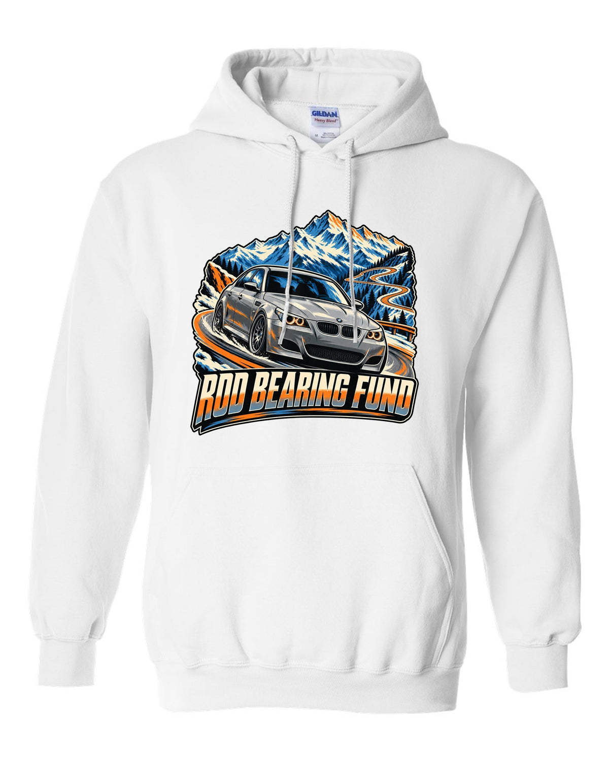 Retro Japanese showa catalogue print of a BMW M5 E28 with S38 3.5 six text white pull over hoodie front view with the design