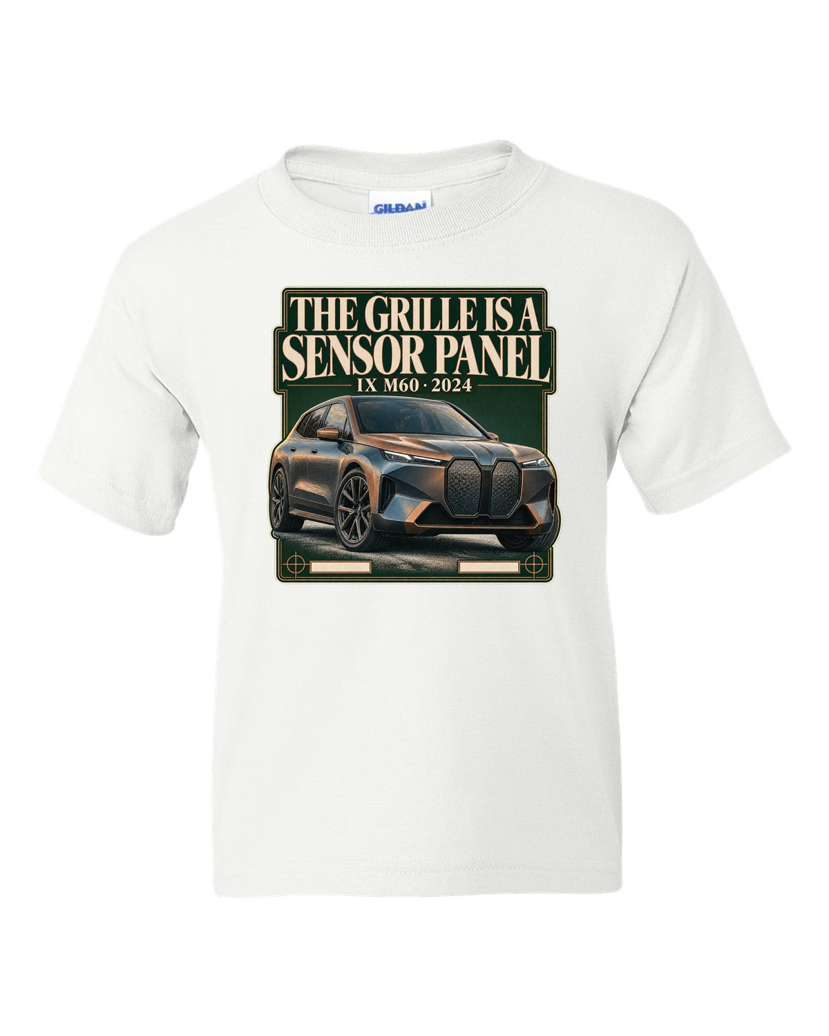 Editorial headline print for the BMW iX M60 I20 saying the grille is a sensor panel white kids tee front view with the design