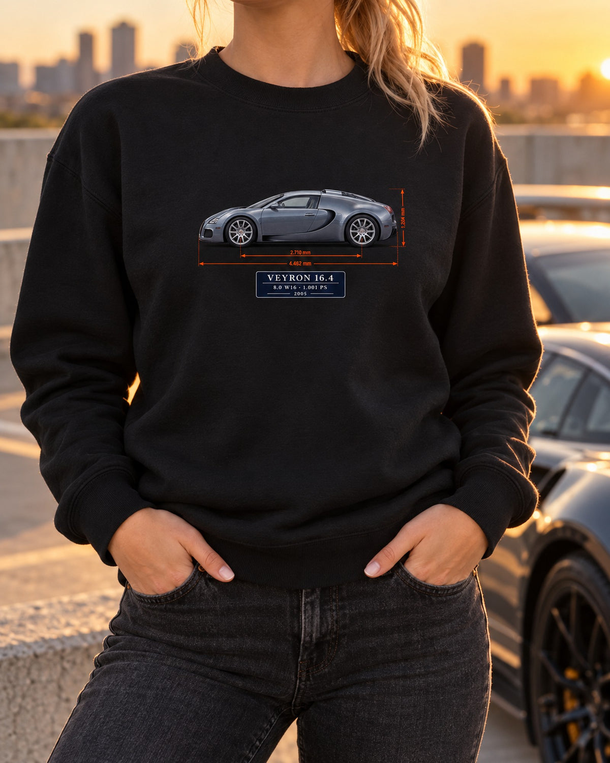 Bugatti Veyron 16.4 Dimension Blueprint Shirt, 8.0 W16 Tee Crewneck Black worn hero