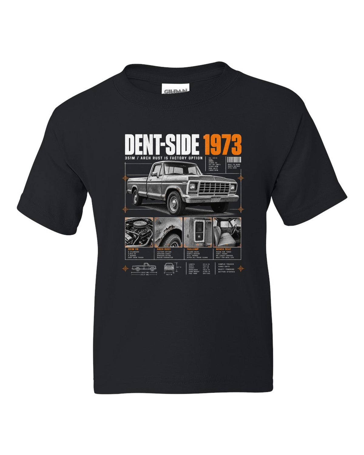 Ford F-150 Dent-Side 1973 351M Rust Dossier Panel black kids tee front view with the design