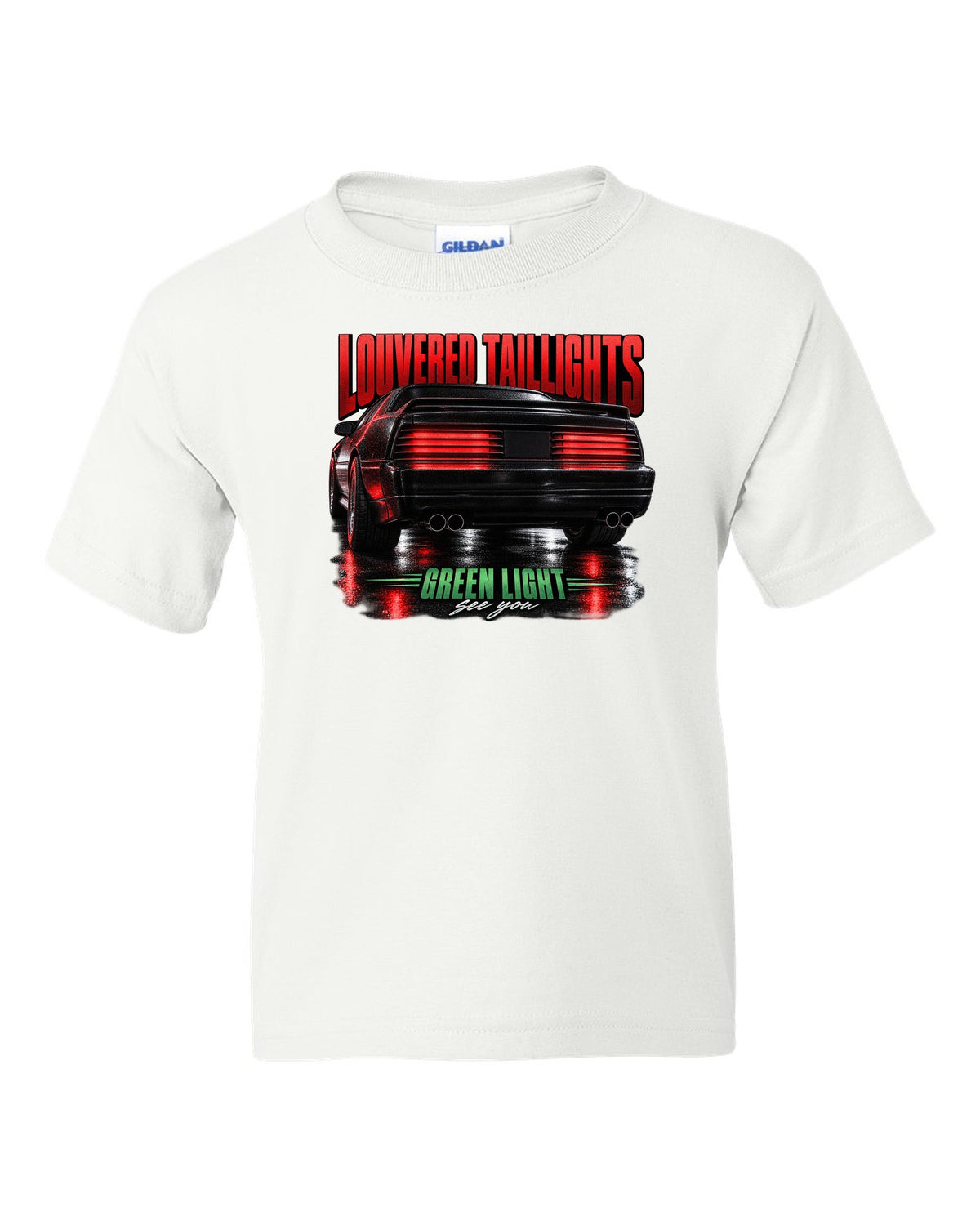 Macro print of a louvered Fox Body Mustang GT taillight, 1987-93 white kids tee front view with the design