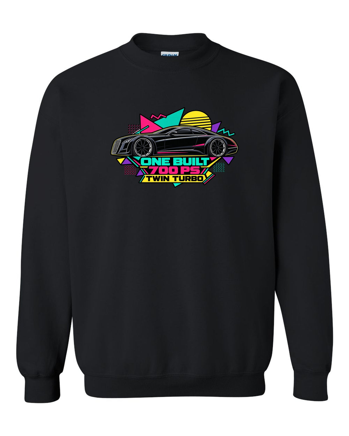 Retro Memphis style vector illustration of the one-off Maybach Exelero with One Built 700 PS Twin Turbo text black crewneck front view with the design