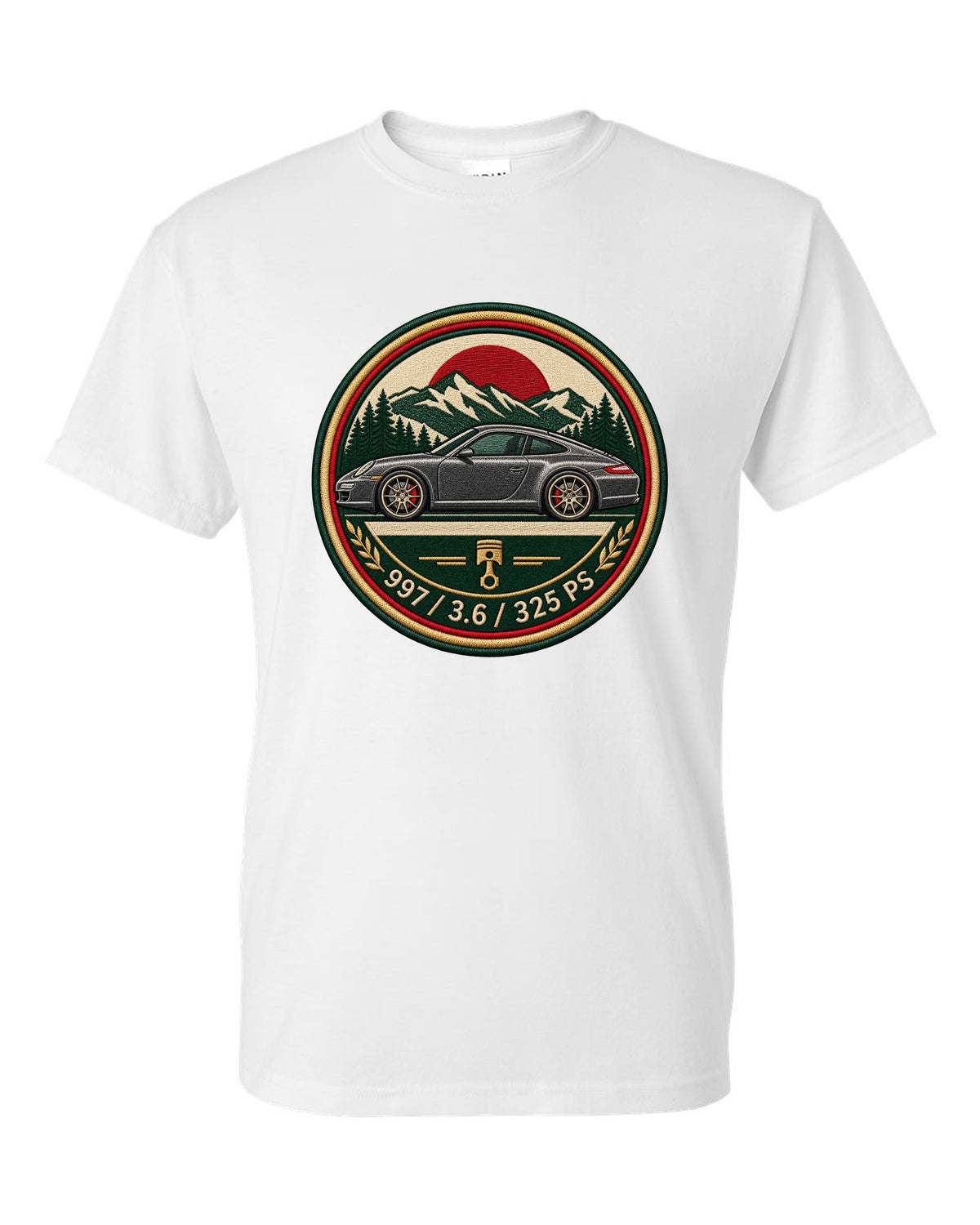 Round crest print of a Porsche 911 996 with the text 996, 3.4 and 300 PS white t-shirt front view with the design