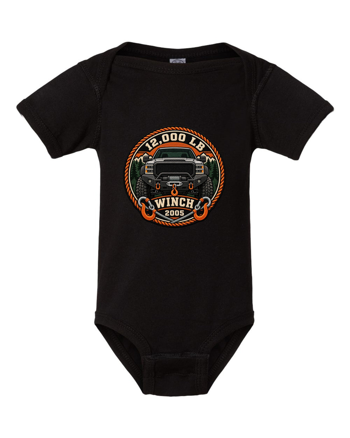 Varsity crest print of a Ram Power Wagon 2500 winch bumper with 12,000 LB winch 2005 text black baby onesie front view with the design
