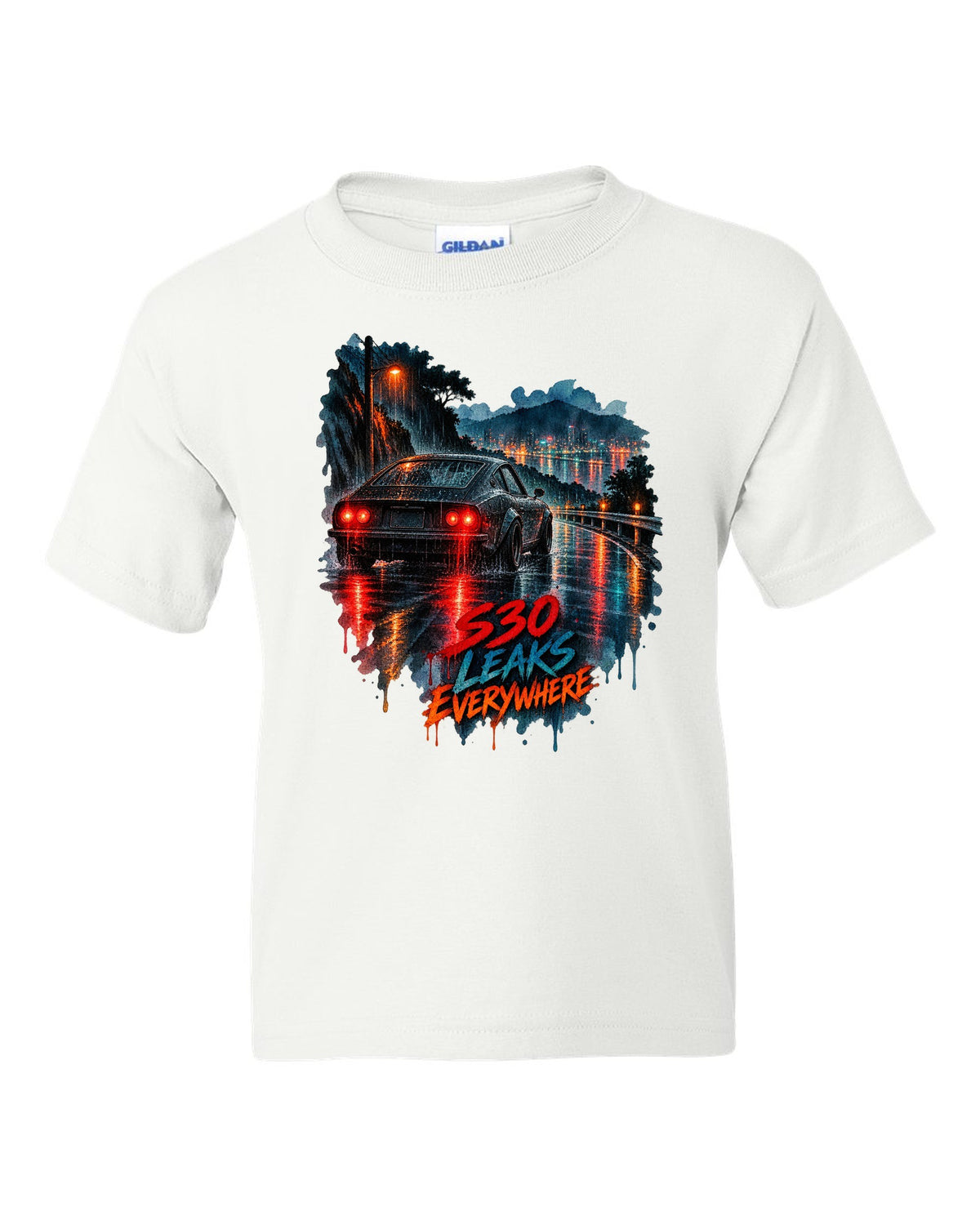 Watercolour wet-road night print of a Nissan Fairlady Z S30 with leaks everywhere lettering white kids tee front view with the design