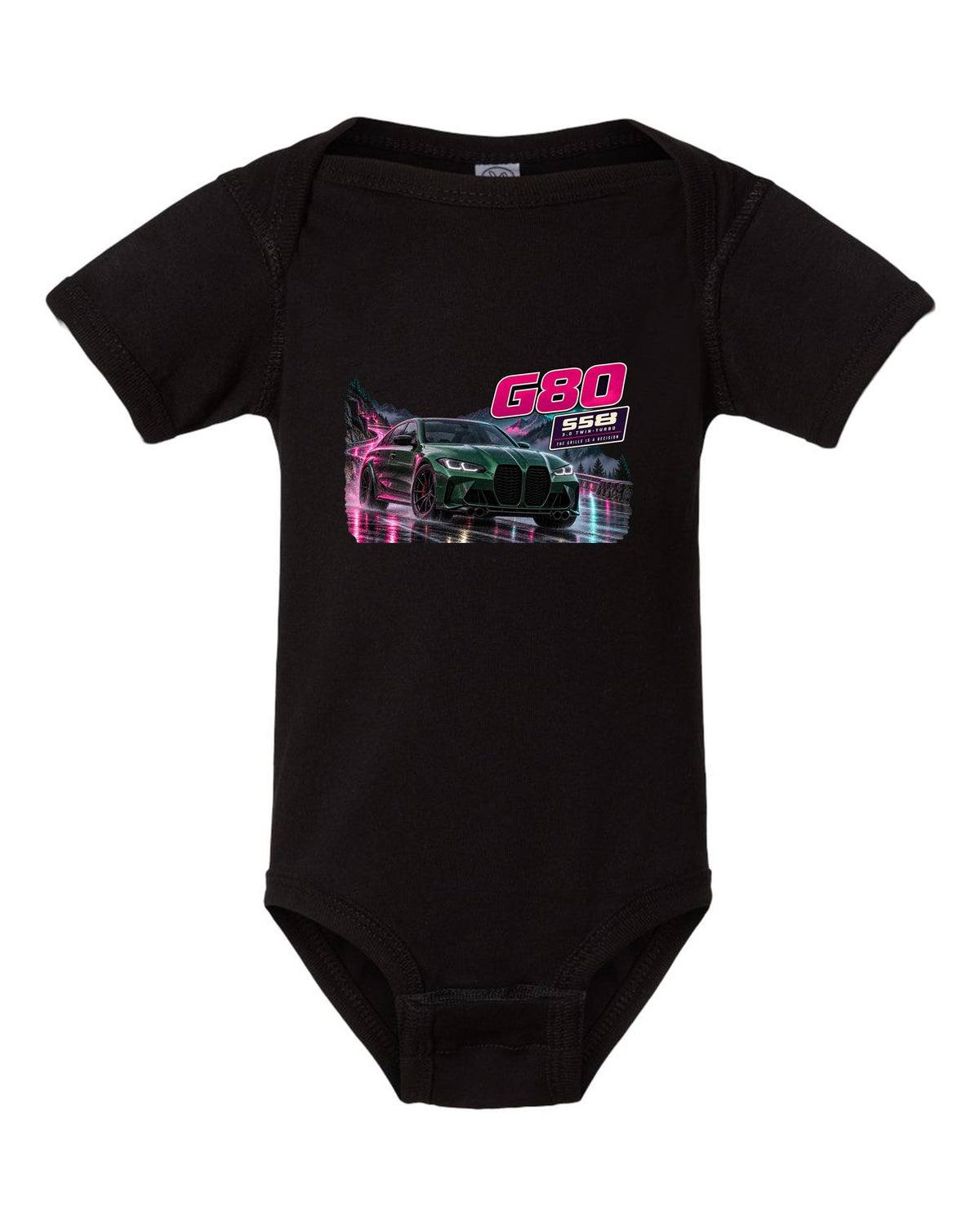 Touge night street print of an Isle of Man green BMW M3 Competition G80 black baby onesie front view with the design
