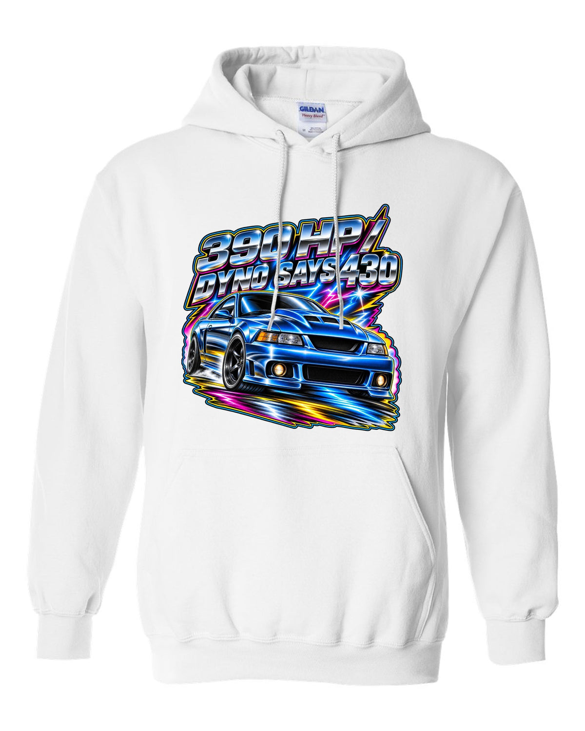 80s airbrush chrome 2003 supercharged Ford Mustang coupe with 390 HP text white pull over hoodie front view with the design