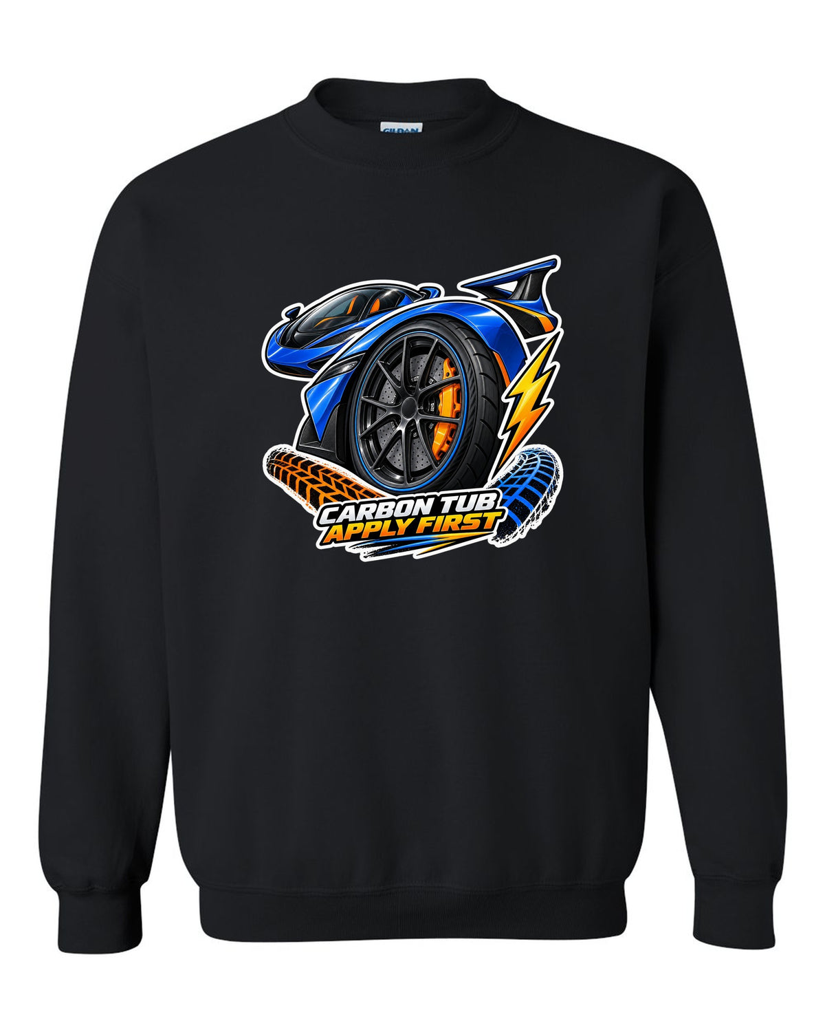 Sticker-bomb collage print for the 2017-2022 Ford GT with carbon tub text black crewneck front view with the design