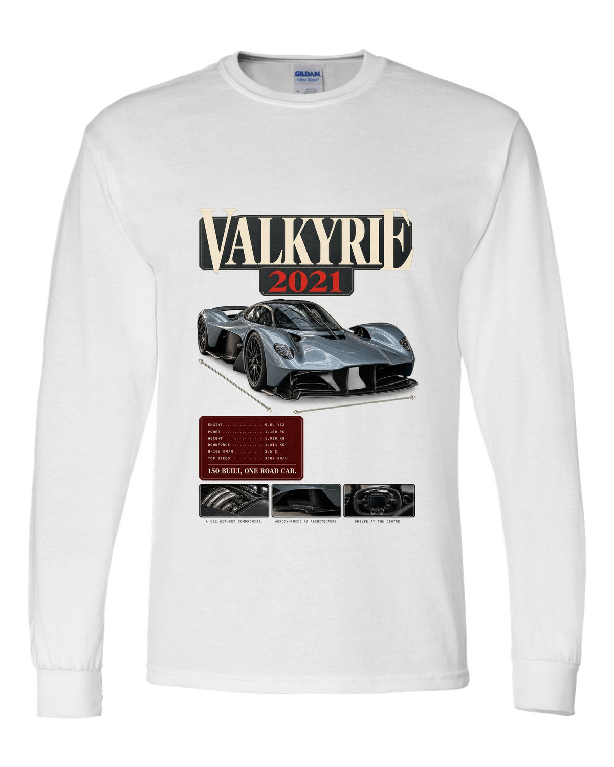 Aston Martin Valkyrie 2021 archive panel print with 150 built one road car text white long sleeve front view with the design
