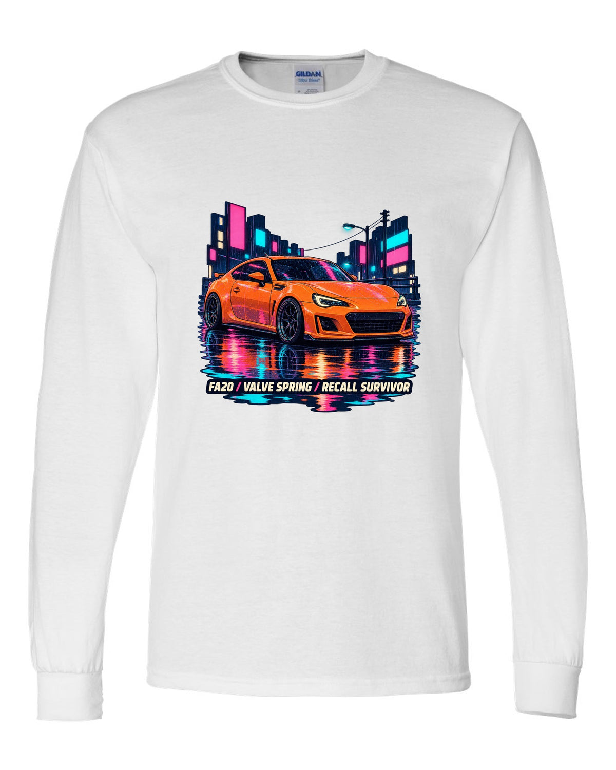 Subaru BRZ ZC6 in a rainy lo-fi anime night scene, FA20 / VALVE SPRING / RECALL SURVIVOR white long sleeve front view with the design