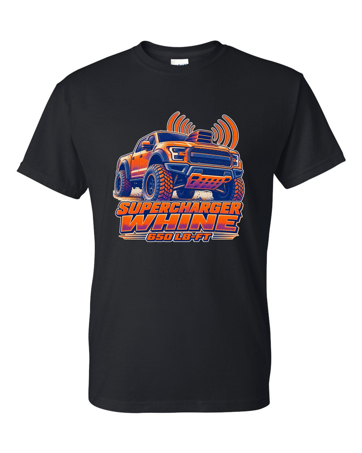 Halftone risograph print of a Ram 1500 TRX hood scoop with supercharger whine text black t-shirt front view with the design