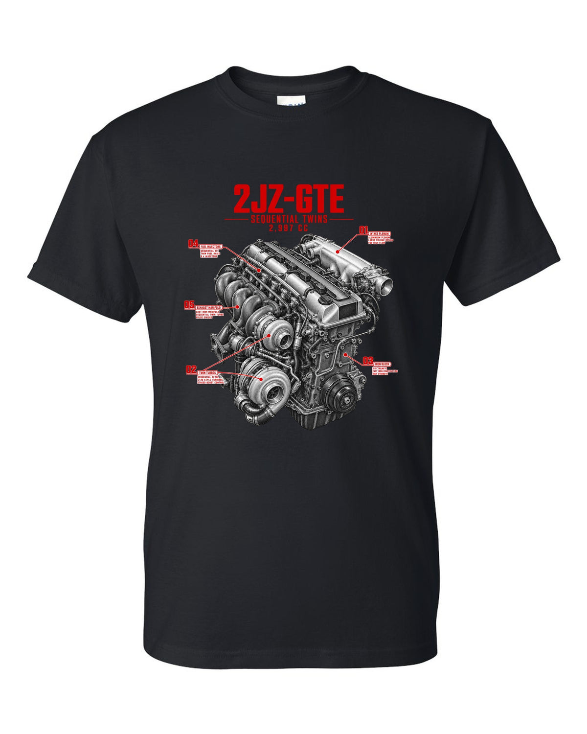 print of a Toyota Supra A80 2JZ-GTE engine with callouts for sequential twins and 2,997 cc black t-shirt front view with the design