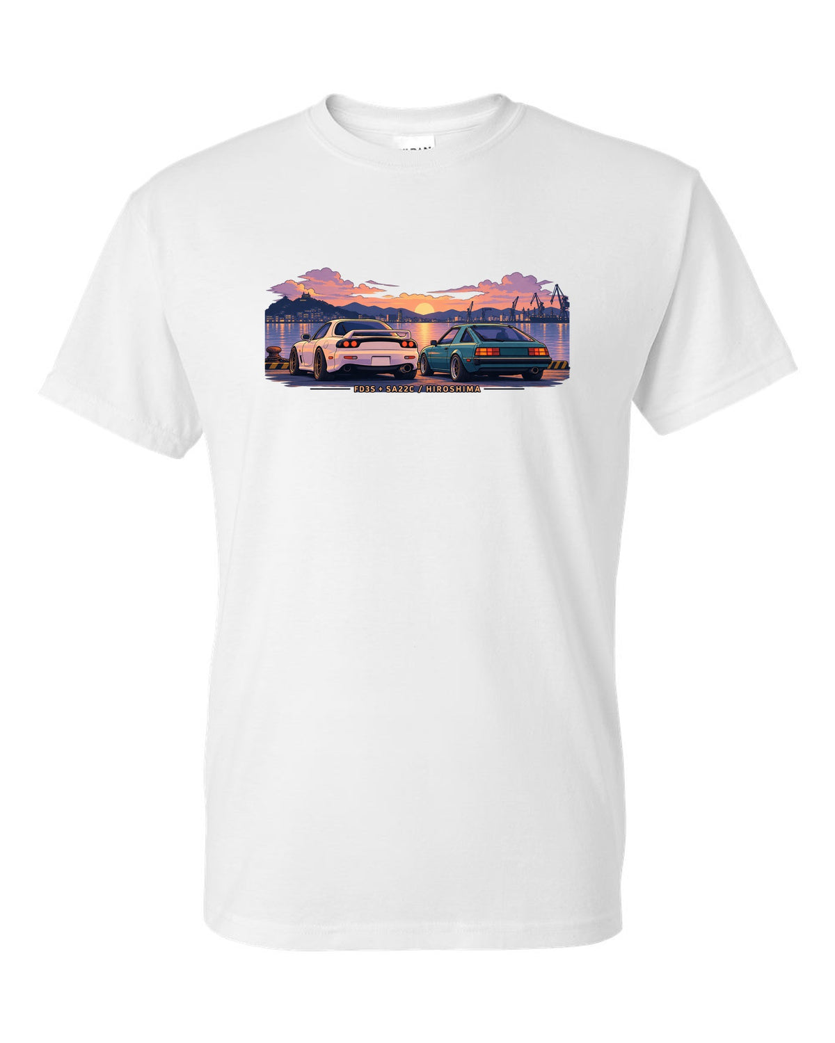 Ukiyo-e woodblock illustration of a Mazda RX-7 FD3S on a touge hairpin with 50/50 / 1280 KG lettering white t-shirt front view with the design