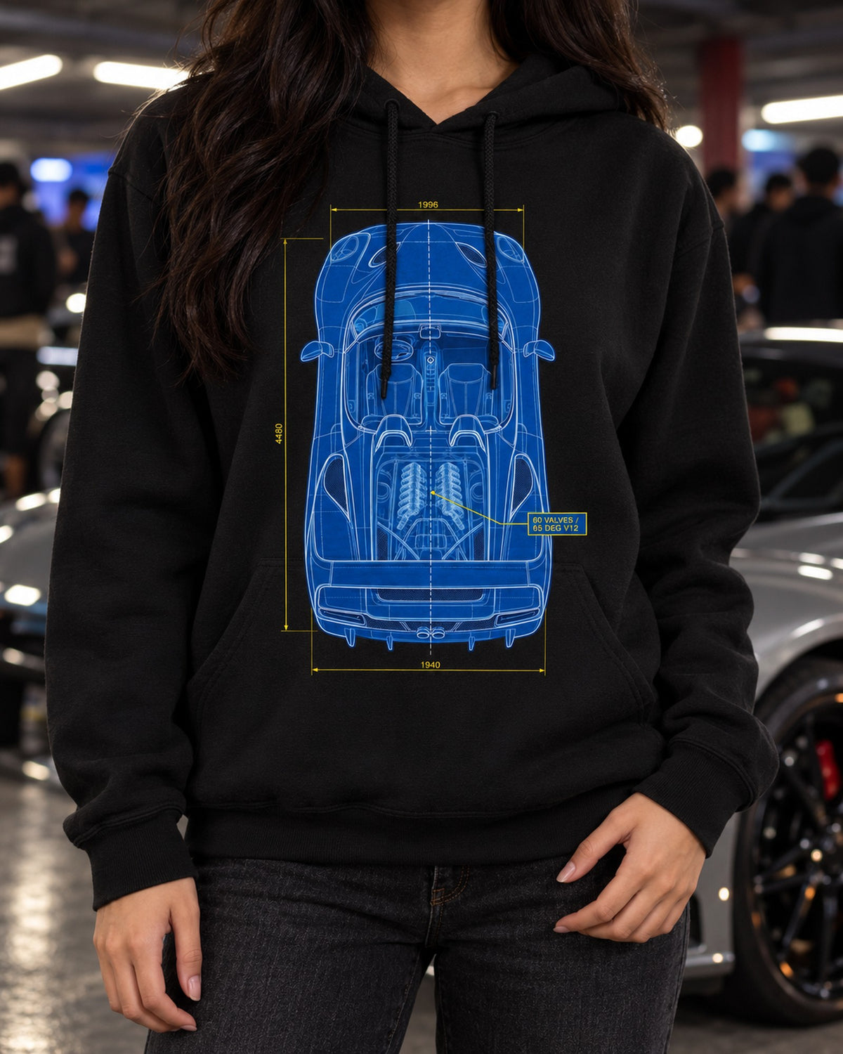 Ferrari F50 Top-Down Plan Blueprint Tee, 60 Valve V12 Pull Over Hoodie Black worn hero